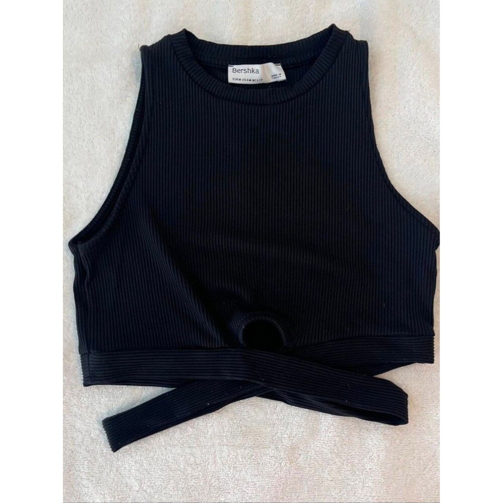 Bershka Black Ribbed High Neck Wrap Front Crop Top Sleeveless M
